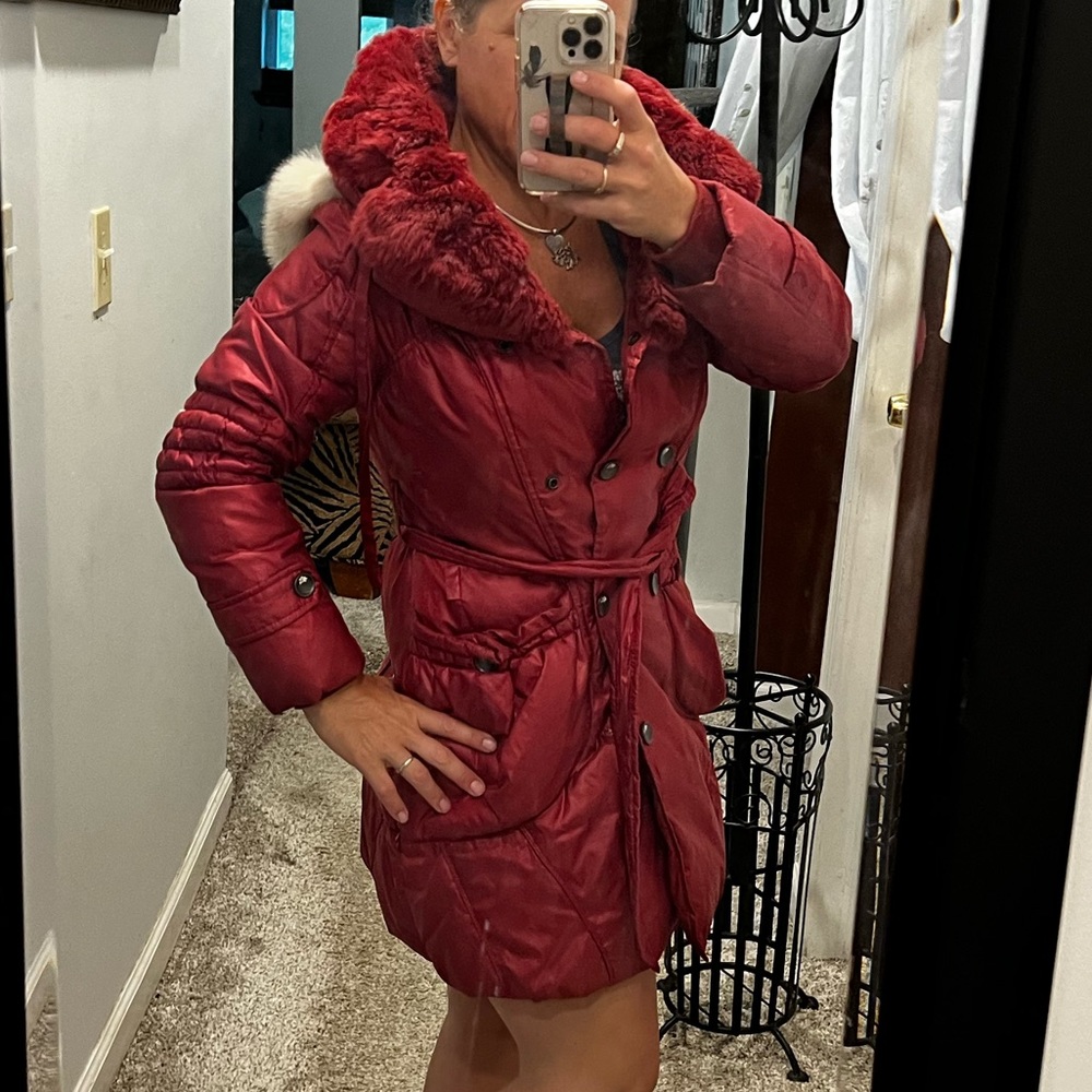 Axara Kddka down fox fur red winter ski jacket parka hood coat Italy Medium
